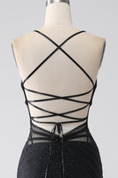 Laden Sie das Bild in den Galerie-Viewer, Meerjungfrau Schwarzes Spaghettiträger langes Ballkleid mit Schlitz