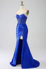 Laden Sie das Bild in den Galerie-Viewer, Meerjungfrau trägerloses königsblaues Korsett Ballkleid mit Perlen