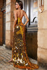Laden Sie das Bild in den Galerie-Viewer, Goldenes Meerjungfrauen Neckholder Glitzer Ballkleid mit hohem Schlitz