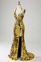 Laden Sie das Bild in den Galerie-Viewer, Goldenes Meerjungfrauen Neckholder Ballkleid mit tiefem V-Ausschnitt und Schlitz