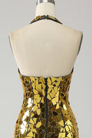 Laden Sie das Bild in den Galerie-Viewer, Goldenes Meerjungfrauen Neckholder Ballkleid mit tiefem V-Ausschnitt und Schlitz