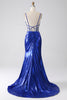Laden Sie das Bild in den Galerie-Viewer, Königsblaues Meerjungfrauen glitzerndes Pailletten Korsett Ballkleid mit Schlitz