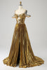 Laden Sie das Bild in den Galerie-Viewer, Atemberaubendes schulterfreies goldenes langes Ballkleid mit Schlüsselloch