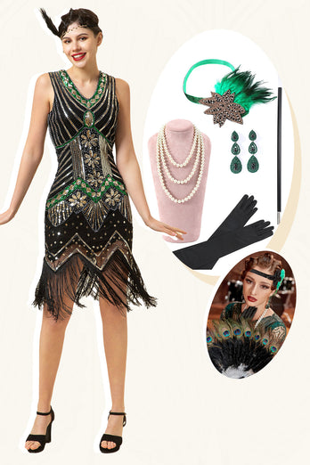 Schwarz Grün Pailletten Fransen 1920er Jahre Gatsby Kleid mit 20er Jahre Accessoires Set