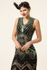 Laden Sie das Bild in den Galerie-Viewer, Schwarz Grün Pailletten Fransen 1920er Jahre Gatsby Kleid mit 20er Jahre Accessoires Set