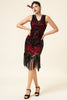 Laden Sie das Bild in den Galerie-Viewer, Rote und schwarze Pailletten Fransen 1920er Jahre Gatsby Kleid mit 20er Jahre Accessoires Set