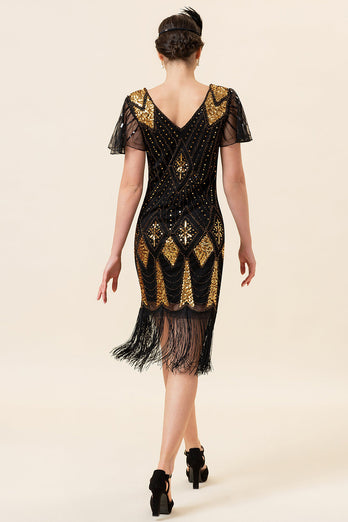 Schwarz und Golden Pailletten Fransen 1920er Jahre Gatsby Kleid mit 20er Jahre Accessoires Set