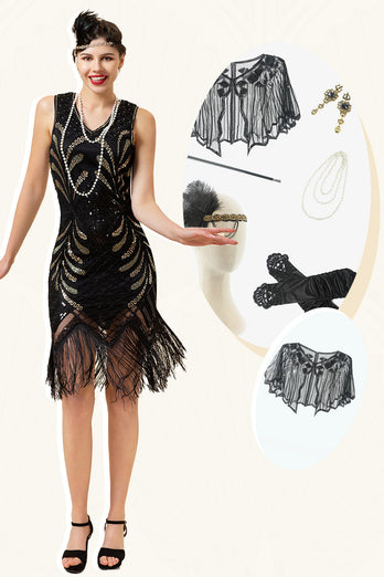 Schwarze Pailletten Fransen 1920er Jahre Flapper Kleid mit 20er Jahre Accessoires Set