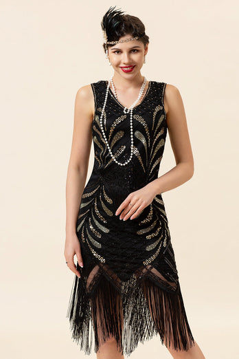 Schwarze Pailletten Fransen 1920er Jahre Flapper Kleid mit 20er Jahre Accessoires Set