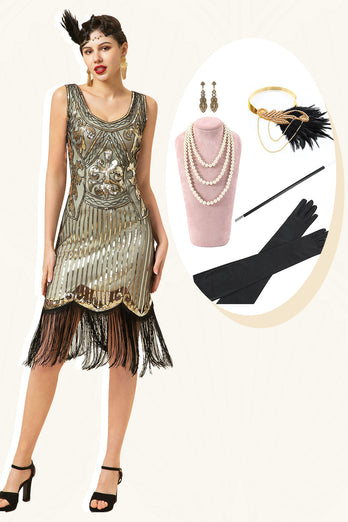 Goldene Pailletten Fransen 1920er Jahre Flapper Kleid mit 20er Jahre Accessoires Set