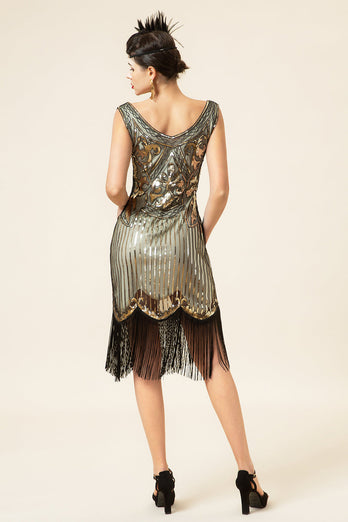 Goldene Pailletten Fransen 1920er Jahre Flapper Kleid mit 20er Jahre Accessoires Set