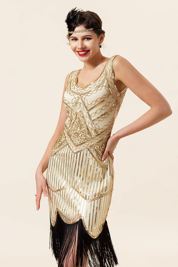 Champagner Pailletten Fransen 1920er Jahre Flapper Kleid mit 20er Jahre Accessoires Set