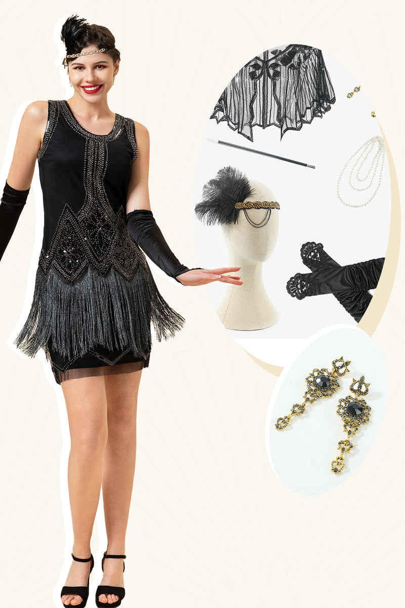 Laden Sie das Bild in den Galerie-Viewer, Schwarze Fransen Pailletten 1920er Jahre Flapper Kleid mit 20er Jahre Accessoires Set