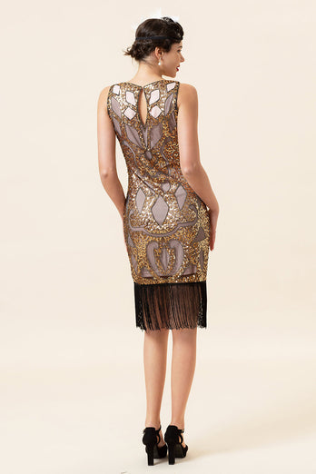 Goldenes Paillettenfransen 1920er Flapper Kleid mit 20er Jahren Accessoires Set