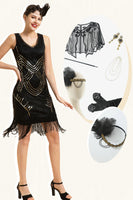 Laden Sie das Bild in den Galerie-Viewer, Schwarze Pailletten Fransen 1920er Jahre Gatsby Flapper Kleid mit 20er Jahre Accessoires Set