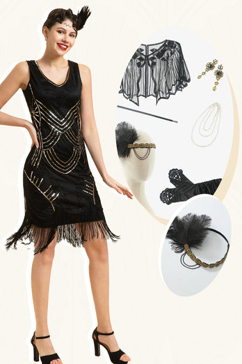 Schwarze Pailletten Fransen 1920er Jahre Gatsby Flapper Kleid mit 20er Jahre Accessoires Set