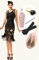 Laden Sie das Bild in den Galerie-Viewer, Schwarze und golden Pailletten Fransen 1920er Jahre Gatsby Flapper Kleid mit 20er Jahre Accessoires Set