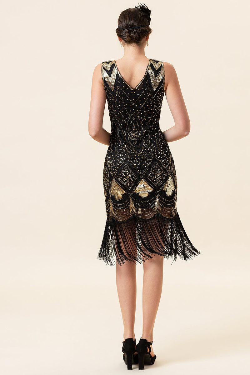 Laden Sie das Bild in den Galerie-Viewer, Schwarze und golden Pailletten Fransen 1920er Jahre Gatsby Flapper Kleid mit 20er Jahre Accessoires Set