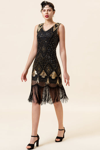 Schwarze und golden Pailletten Fransen 1920er Jahre Gatsby Flapper Kleid mit 20er Jahre Accessoires Set