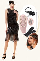Laden Sie das Bild in den Galerie-Viewer, Schwarze Pailletten Fransen 1920er Jahre Gatsby Flapper Kleid mit 20er Jahre Accessoires Set
