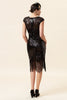 Laden Sie das Bild in den Galerie-Viewer, Schwarze Pailletten Fransen 1920er Jahre Gatsby Flapper Kleid mit 20er Jahre Accessoires Set