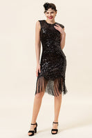 Laden Sie das Bild in den Galerie-Viewer, Schwarze Pailletten Fransen 1920er Jahre Gatsby Flapper Kleid mit 20er Jahre Accessoires Set