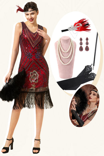 Burgunderrot Pailletten Fransen 1920er Jahre Gatsby Flapper Kleid mit 20er Jahre Accessoires Set