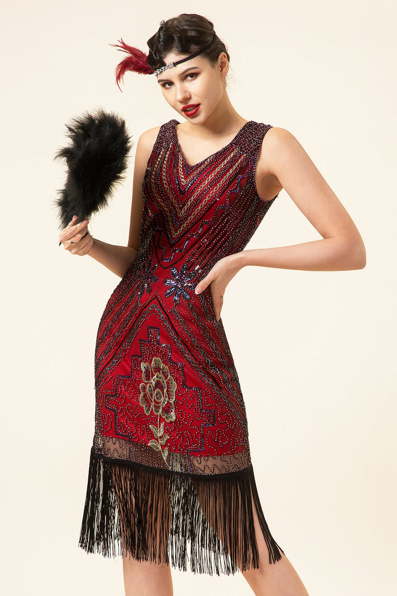 Laden Sie das Bild in den Galerie-Viewer, Burgunderrot Pailletten Fransen 1920er Jahre Gatsby Flapper Kleid mit 20er Jahre Accessoires Set