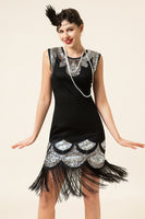 Laden Sie das Bild in den Galerie-Viewer, Schwarz und Silber Pailletten Fransen 1920er Jahre Gatsby Flapper Kleid mit 20er Jahre Accessoires Set