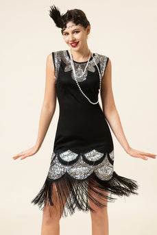 Schwarz und Silber Pailletten Fransen 1920er Jahre Gatsby Flapper Kleid mit 20er Jahre Accessoires Set