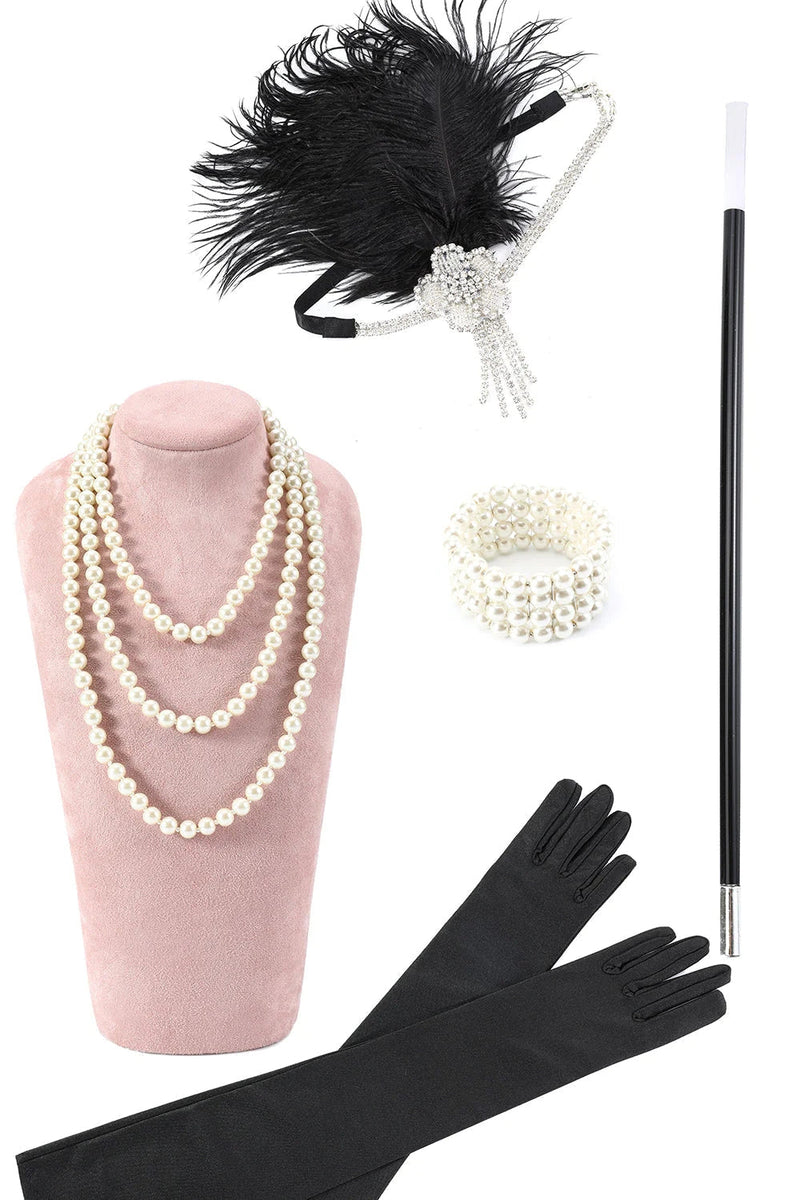 Laden Sie das Bild in den Galerie-Viewer, Schwarz und Silber Pailletten Fransen 1920er Jahre Gatsby Flapper Kleid mit 20er Jahre Accessoires Set