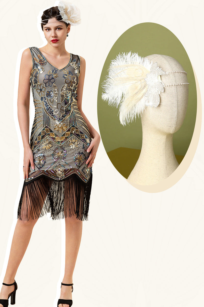 Laden Sie das Bild in den Galerie-Viewer, Apricot und golden Pailletten Fransen 1920er Jahre Gatsby Flapper Kleid mit 20er Jahre Accessoires Set