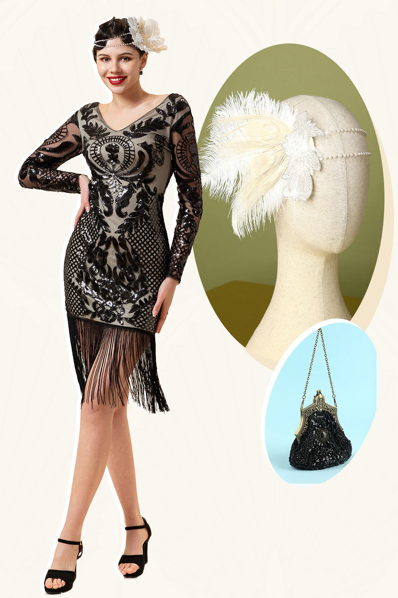 Laden Sie das Bild in den Galerie-Viewer, Schwarzes langärmeliges Paillettenfransen 1920er Jahre Gatsby Flapper Kleid mit 20er Jahren Accessoires Set