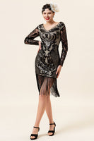 Laden Sie das Bild in den Galerie-Viewer, Schwarzes langärmeliges Paillettenfransen 1920er Jahre Gatsby Flapper Kleid mit 20er Jahren Accessoires Set