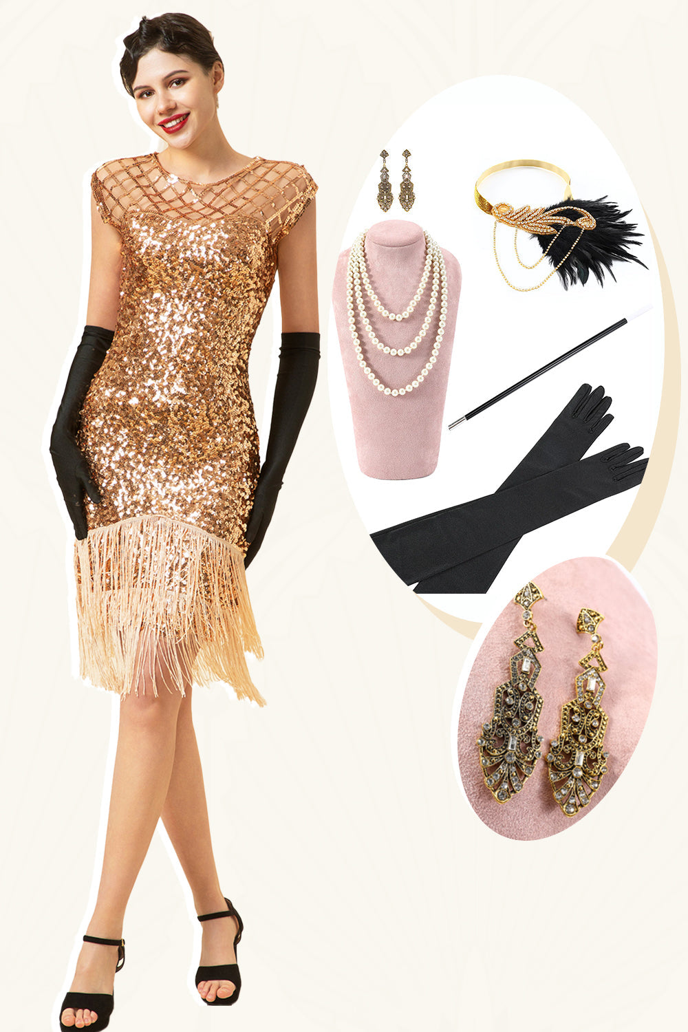 Rosa Kappenärmel Paillettenfransen 1920er Jahre Gatsby Flapper Kleid mit 20er Jahre Accessoires Set