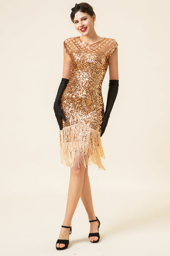 Rosa Kappenärmel Paillettenfransen 1920er Jahre Gatsby Flapper Kleid mit 20er Jahre Accessoires Set