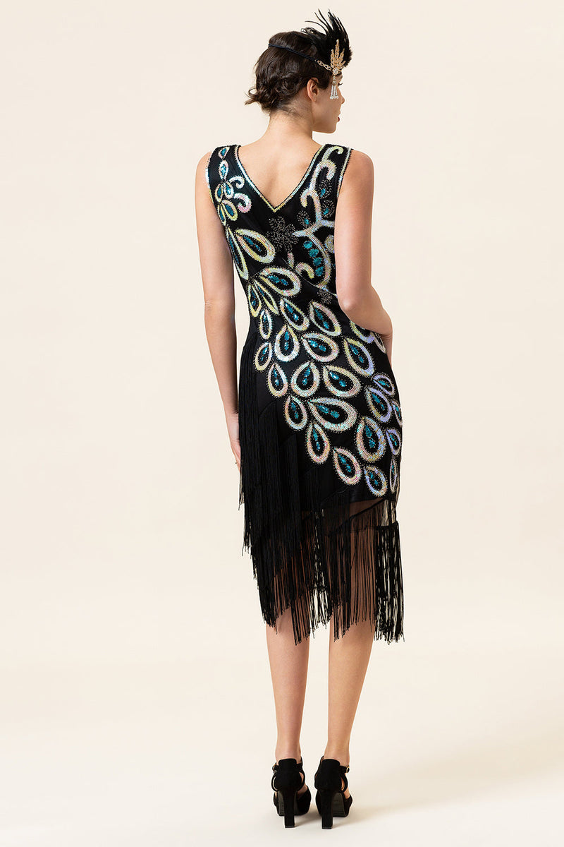 20er Jahre Flapper Kleid Damen - Charleston Gatsby Kleid Mit Pailletten & Fransen