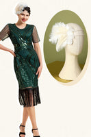 Laden Sie das Bild in den Galerie-Viewer, Dunkelgrün Kurzärmel Pailletten Fransen 1920er Jahre Gatsby Flapper Kleid mit 20er Jahre Accessoires Set