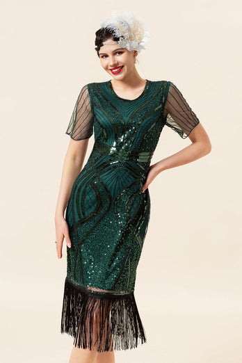 Dunkelgrün Kurzärmel Pailletten Fransen 1920er Jahre Gatsby Flapper Kleid mit 20er Jahre Accessoires Set