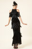 Laden Sie das Bild in den Galerie-Viewer, Schwarz Pailletten Fransen Langes 1920er Jahre Gatsby Flapper Kleid mit 20er Jahre Accessoires Set