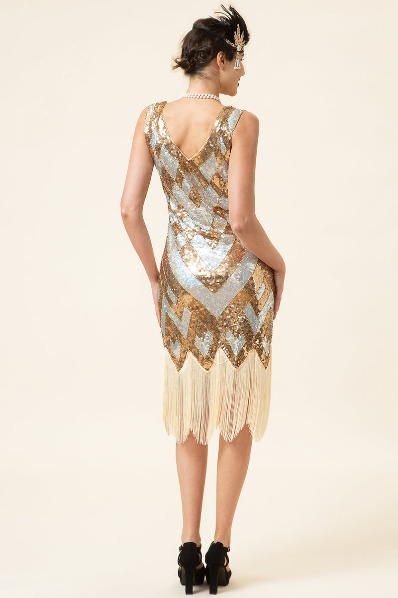 Laden Sie das Bild in den Galerie-Viewer, Goldenes und silbernes Paillettenfransen 1920er Jahre Gatsby Flapper Kleid mit 20er Jahre Accessoires Set