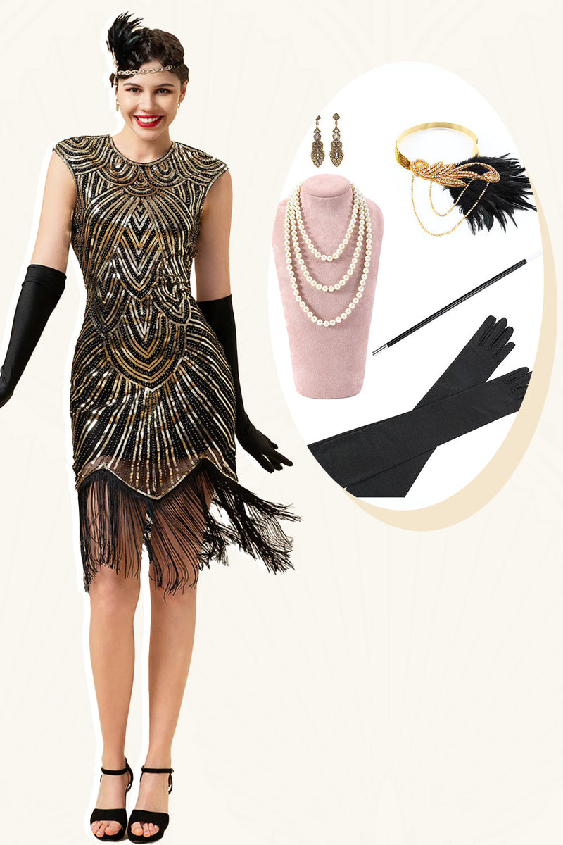 Laden Sie das Bild in den Galerie-Viewer, Schwarze und goldene Kappenärmel Paillettenfransen 1920er Jahre Gatsby Flapper Party Kleid mit 20er Jahre Accessoires Set
