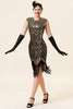Laden Sie das Bild in den Galerie-Viewer, Schwarze und goldene Kappenärmel Paillettenfransen 1920er Jahre Gatsby Flapper Party Kleid mit 20er Jahre Accessoires Set