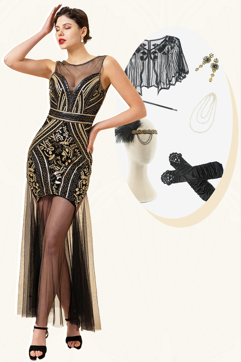 Laden Sie das Bild in den Galerie-Viewer, Schwarz und Golden Illusionshals Pailletten Lange 1920er Jahre Gatsby Flapper Kleid mit 20er Jahre Accessoires Set