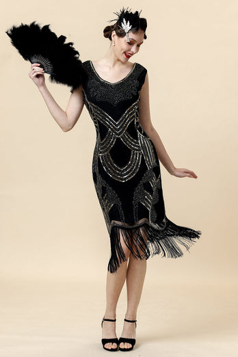 Schwarz Pailletten 1920er Jahre Gatsby Flapper Party Kleid mit 20er Jahre Accessoires Set