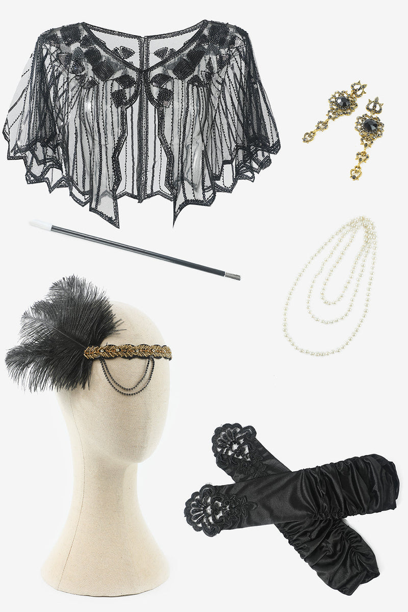 Laden Sie das Bild in den Galerie-Viewer, Schwarz Pailletten 1920er Jahre Gatsby Flapper Party Kleid mit 20er Jahre Accessoires Set