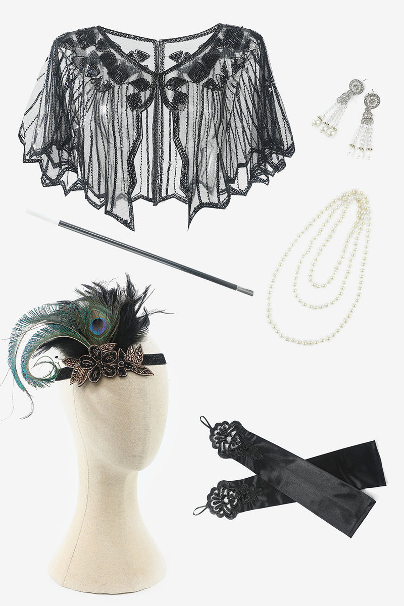 Laden Sie das Bild in den Galerie-Viewer, Schwarz und Grün Pailletten Fransen 1920er Jahre Gatsby Flapper Party Kleid mit 20er Jahre Accessoires Set