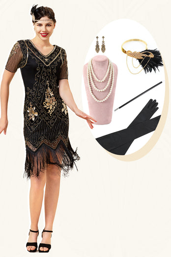 Schwarz und Golden Kurzärmel Pailletten Fransen 1920er Jahre Gatsby Flapper Kleid mit 20er Jahre Accessoires Set