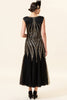 Laden Sie das Bild in den Galerie-Viewer, Schwarze Pailletten Tüll Flapper Kleid mit 1920er Jahre Accessoires Set