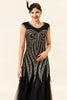 Laden Sie das Bild in den Galerie-Viewer, Schwarze Pailletten Tüll Flapper Kleid mit 1920er Jahre Accessoires Set